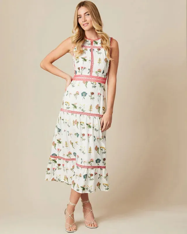 Fee G Marina White Embroidered Floral Print Tea Dress