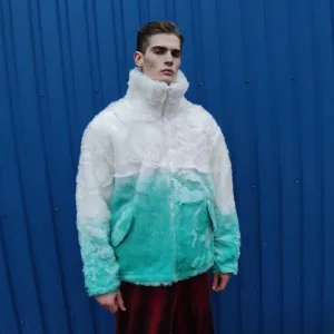Gradient faux fur jacket tie-dye fluffy bomber festival varsity jacket raised neck fleece coat high fashion Autumn Winter coat white green
