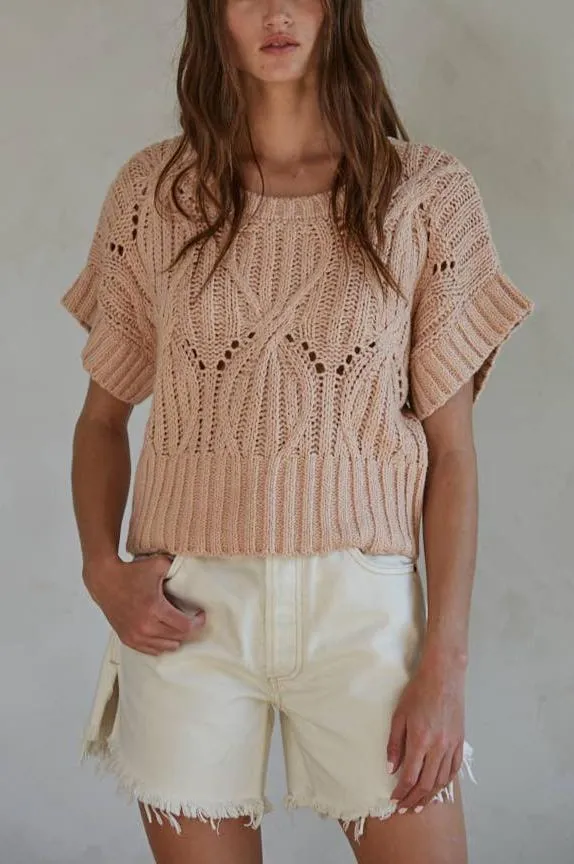Knit Sweater Crochet Round Neck Short Sleeve Top: Dusty Pink By Together LAST ONE!