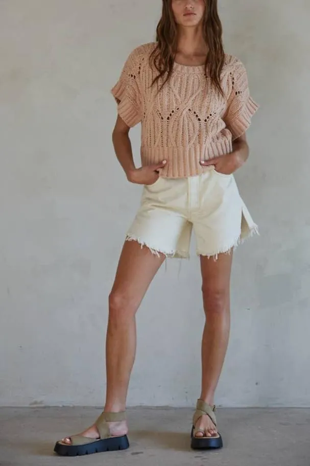 Knit Sweater Crochet Round Neck Short Sleeve Top: Dusty Pink By Together LAST ONE!