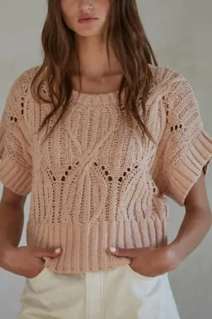 Knit Sweater Crochet Round Neck Short Sleeve Top: Dusty Pink By Together LAST ONE!