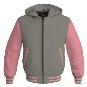 Letterman Bomber Hoodie Jacket Gray Body Pink Leather Sleeves