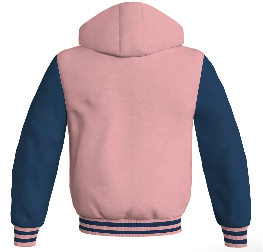 Letterman Bomber Hoodie Jacket Pink Body Navy Blue Leather Sleeves