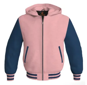 Letterman Bomber Hoodie Jacket Pink Body Navy Blue Leather Sleeves