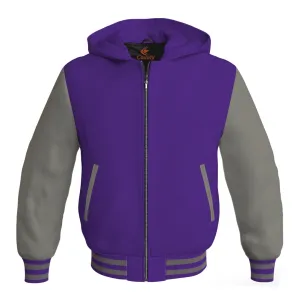 Letterman Bomber Hoodie Jacket Purple Body Gray Leather Sleeves