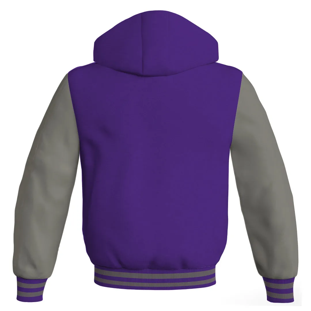 Letterman Bomber Hoodie Jacket Purple Body Gray Leather Sleeves