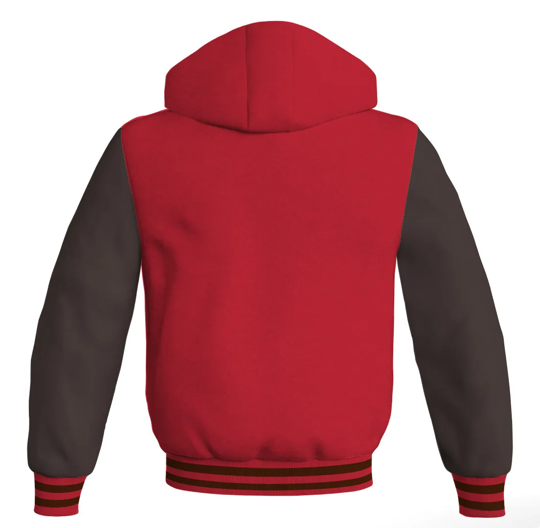 Letterman Bomber Hoodie Jacket Red Body Brown Leather Sleeves