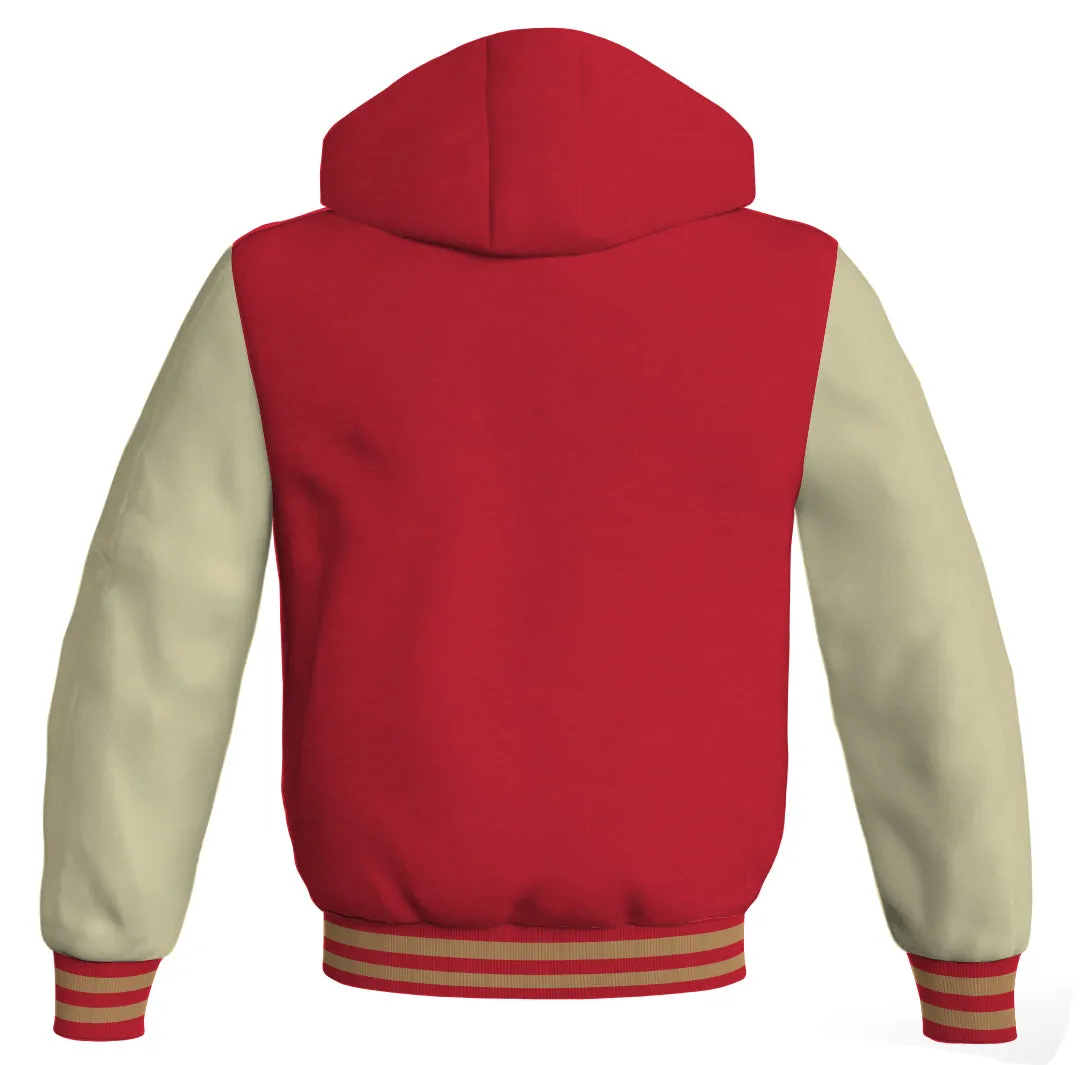 Letterman Bomber Hoodie Jacket Red Body Cream Leather Sleeves