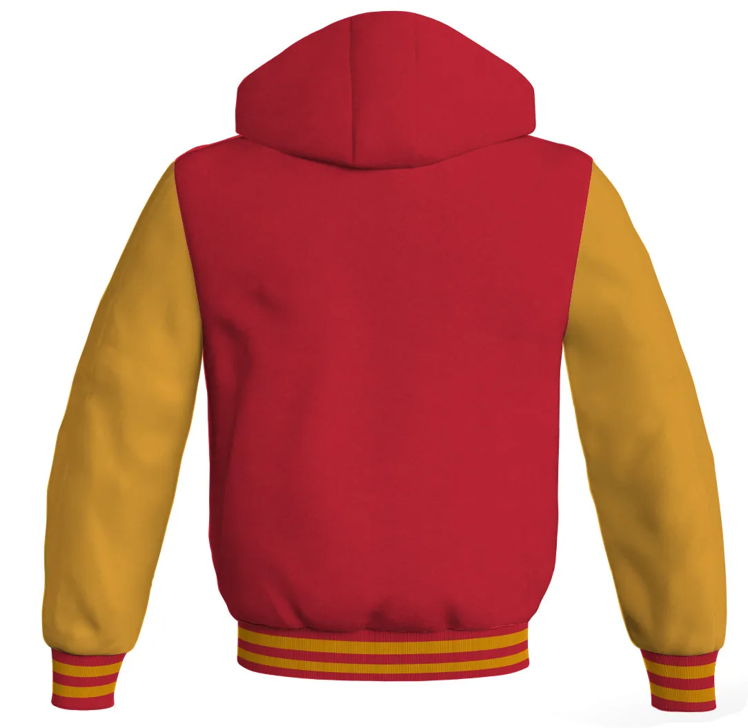 Letterman Bomber Hoodie Jacket Red Body Gold Leather Sleeves