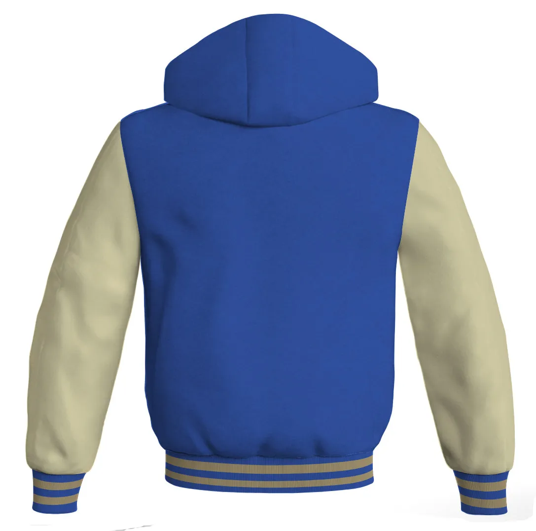 Letterman Bomber Hoodie Jacket Royal Blue Body Cream Leather Sleeves