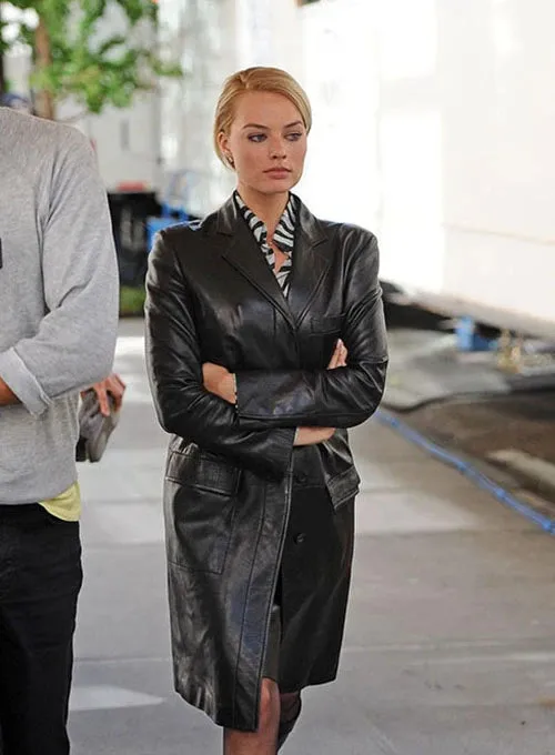 Margot Robbie Black Long Leather Coat