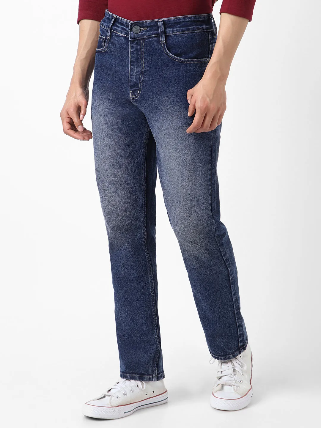 Men's Dark Blue Straight Fit Washed Jeans Stretchable