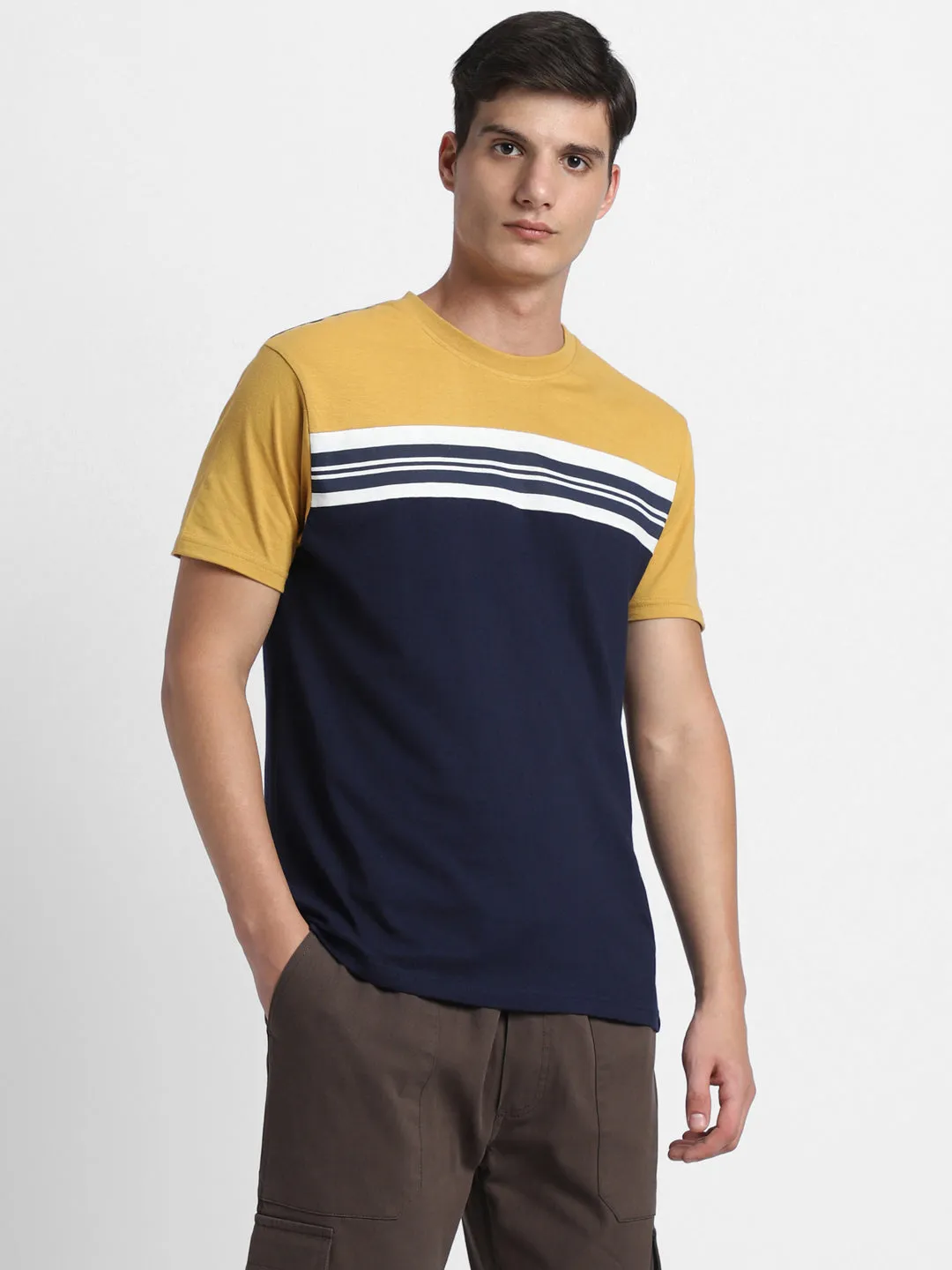 Men's Mustard Y/D Stripes Half-Sleeves Casual T-Shirt