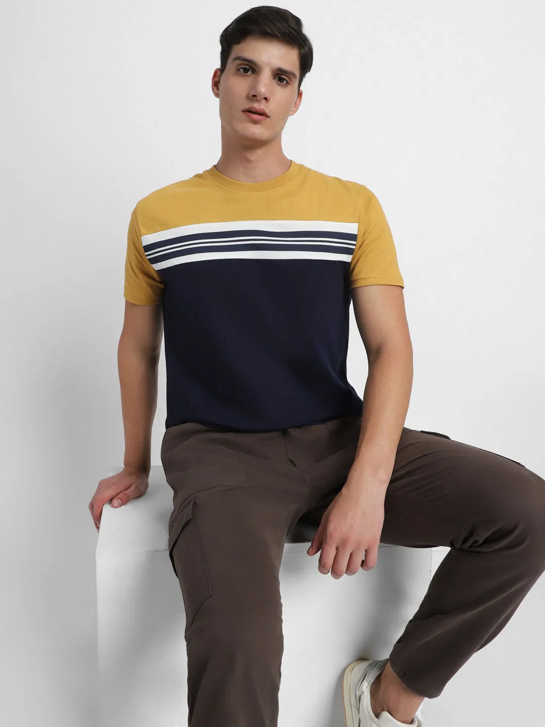 Men's Mustard Y/D Stripes Half-Sleeves Casual T-Shirt