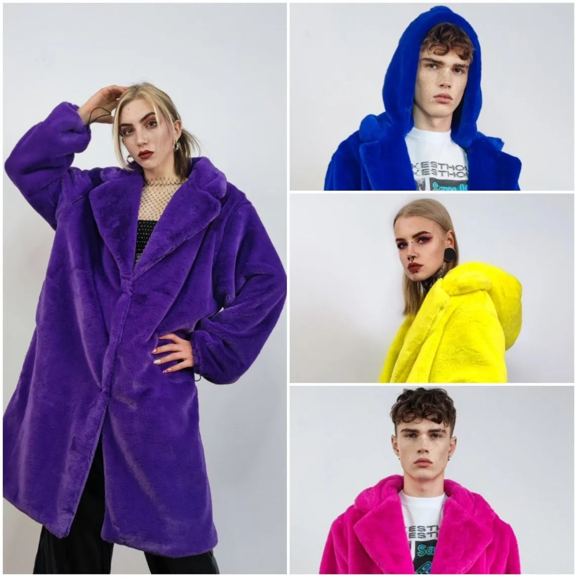 Neon fur coat raver trench multiple color fluorescent psychedelic overcoat bright bomber festival fleece jacket custom going out peacoat