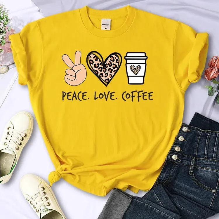 Peace Love Coffee Prints Women Cotton T-Shirts Breathable Tees