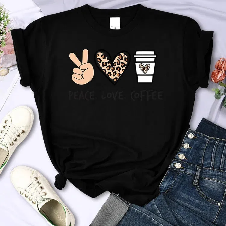 Peace Love Coffee Prints Women Cotton T-Shirts Breathable Tees