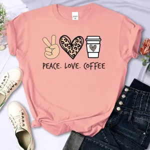 Peace Love Coffee Prints Women Cotton T-Shirts Breathable Tees