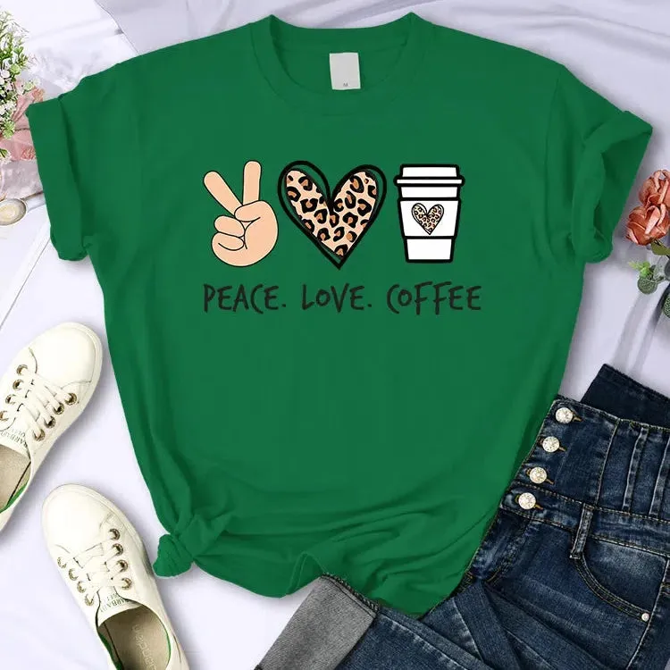 Peace Love Coffee Prints Women Cotton T-Shirts Breathable Tees