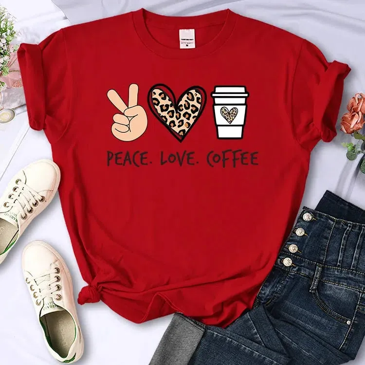Peace Love Coffee Prints Women Cotton T-Shirts Breathable Tees