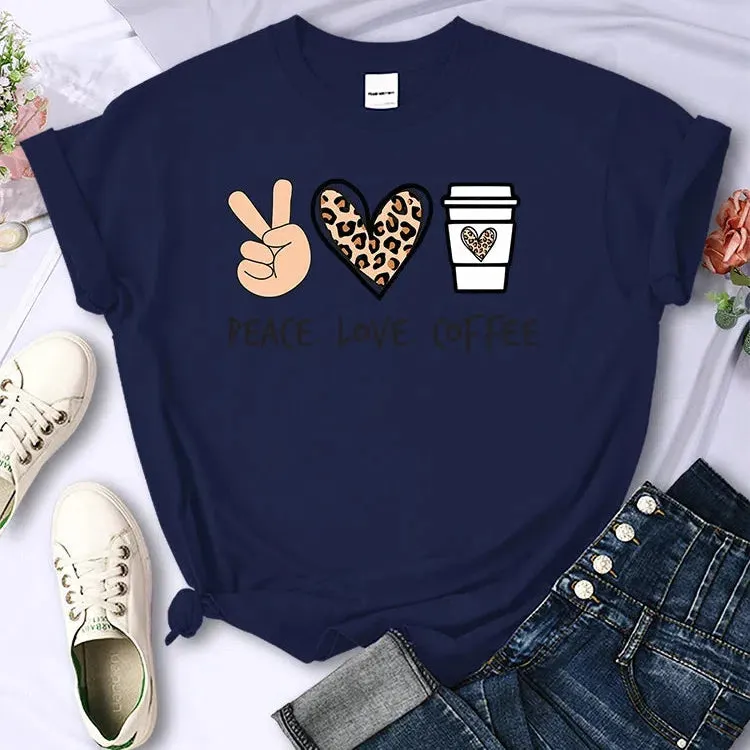 Peace Love Coffee Prints Women Cotton T-Shirts Breathable Tees