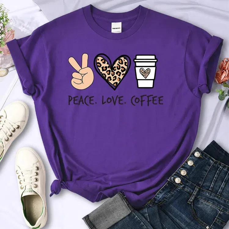 Peace Love Coffee Prints Women Cotton T-Shirts Breathable Tees