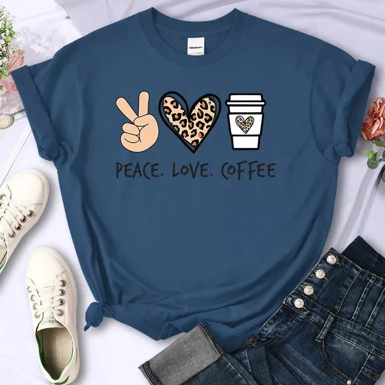 Peace Love Coffee Prints Women Cotton T-Shirts Breathable Tees