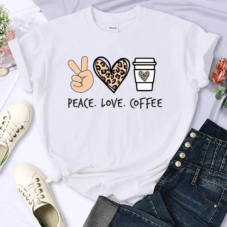 Peace Love Coffee Prints Women Cotton T-Shirts Breathable Tees