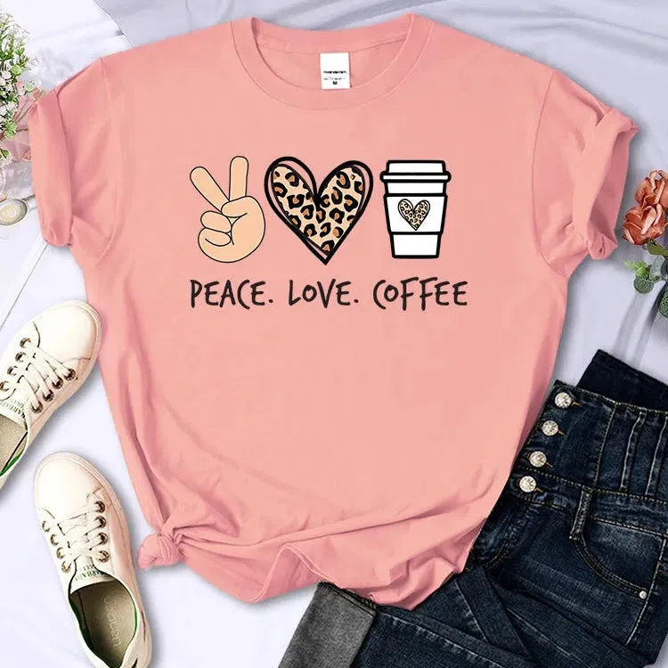 Peace Love Coffee Prints Women Cotton T-Shirts Breathable Tees