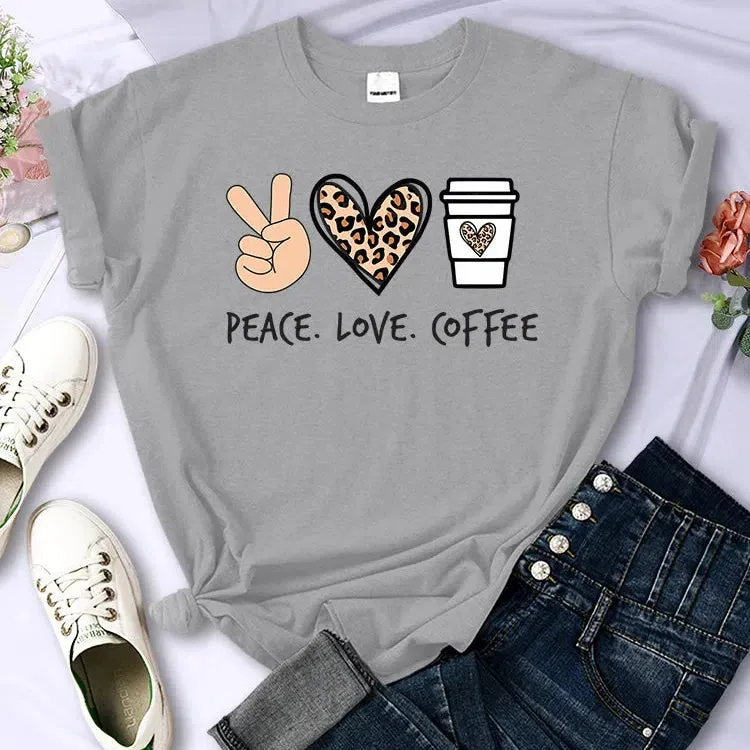 Peace Love Coffee Prints Women Cotton T-Shirts Breathable Tees