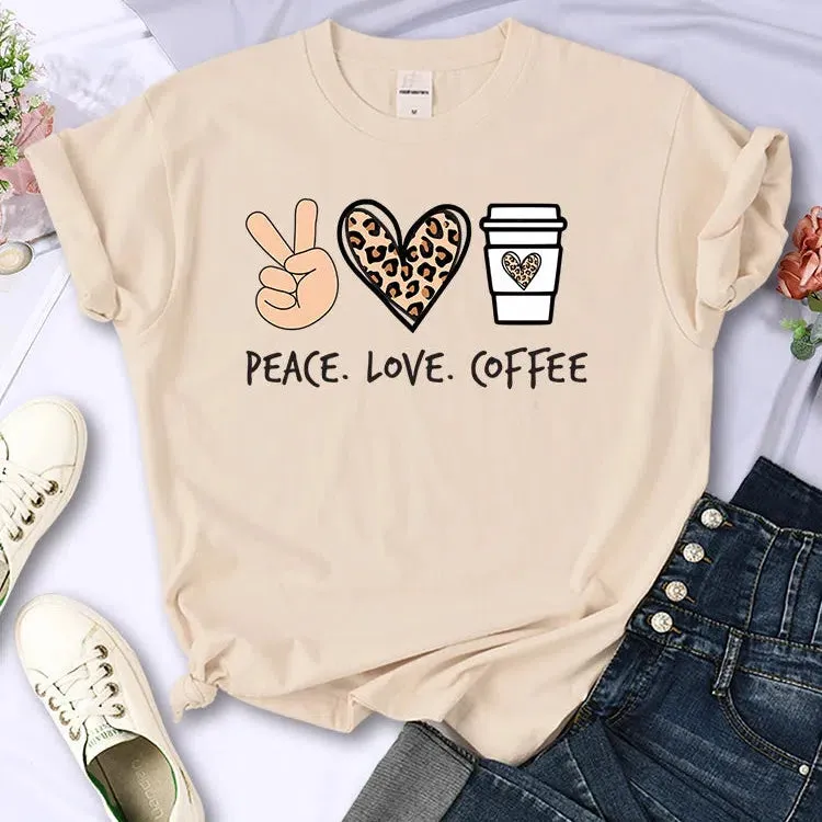 Peace Love Coffee Prints Women Cotton T-Shirts Breathable Tees
