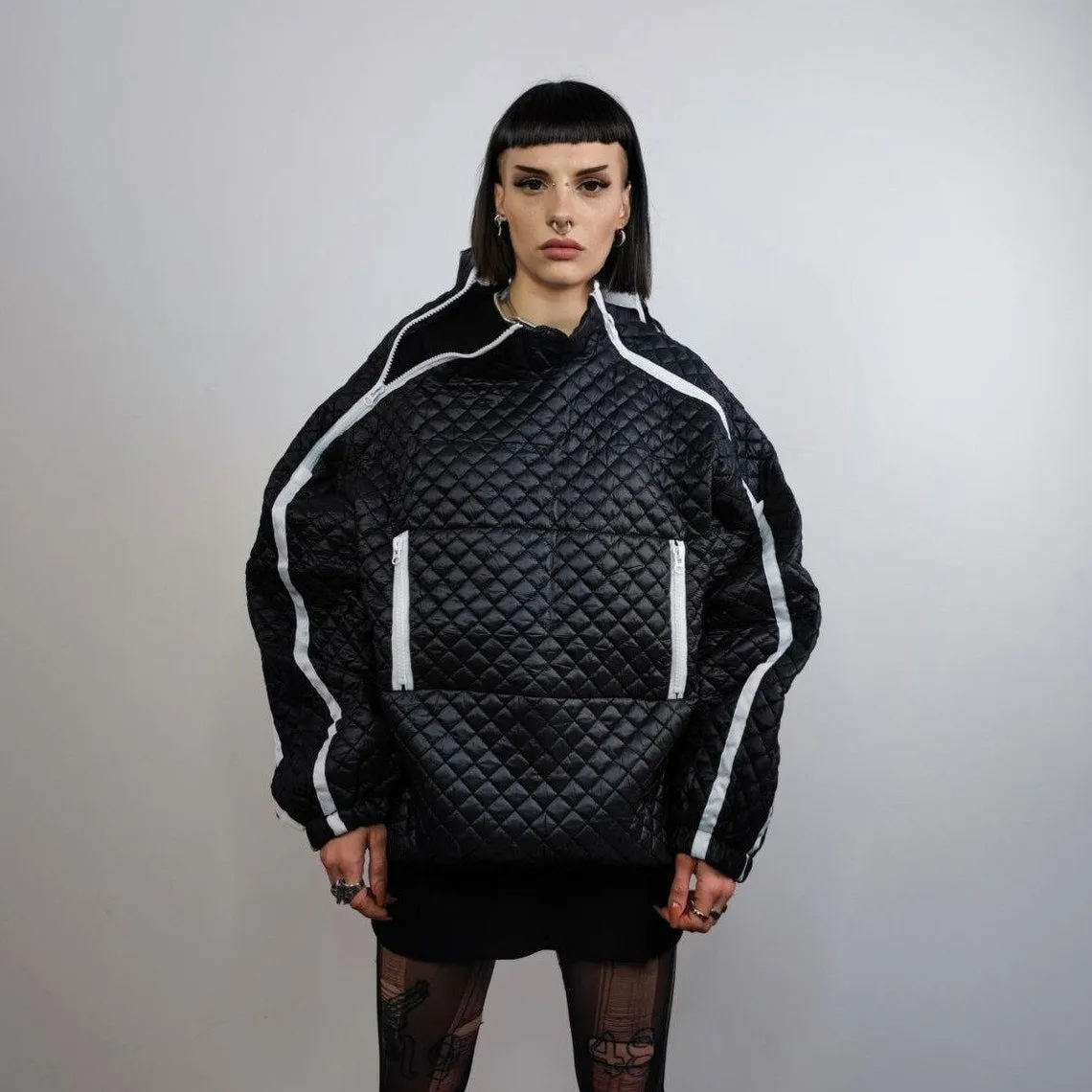 Quilted pullover bomber extreme zippers puffer cyber punk coat raised neck padded track jacket in kangaroo pocket outdoor jumper in black