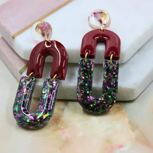 "Radley" Mulberry Wine Glitter Arch Resin Dangle Earrings With Real Flowers