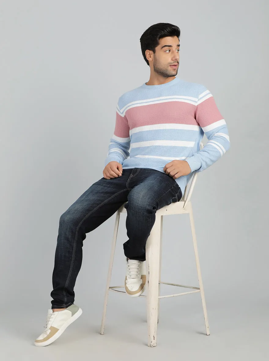 Sky Blue Striped Slim Fit Winter T-Shirt | JadeBlue