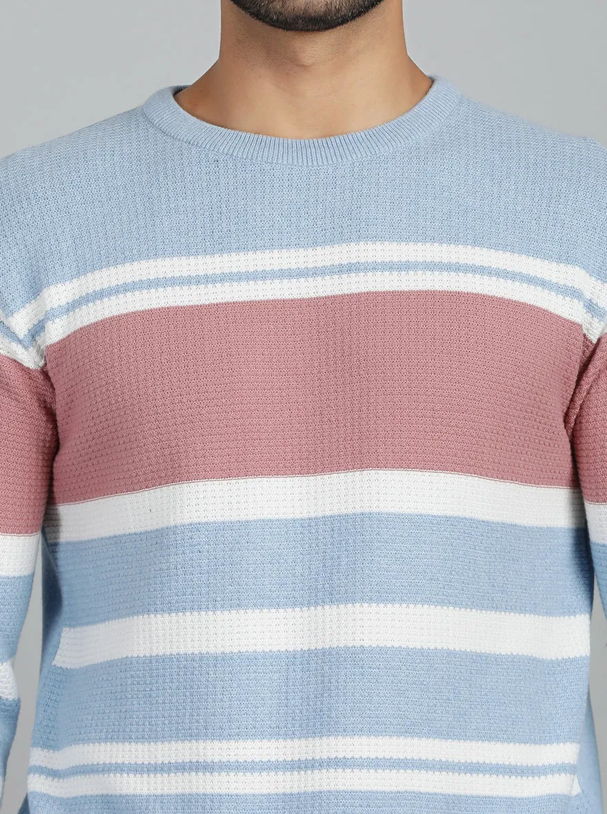 Sky Blue Striped Slim Fit Winter T-Shirt | JadeBlue