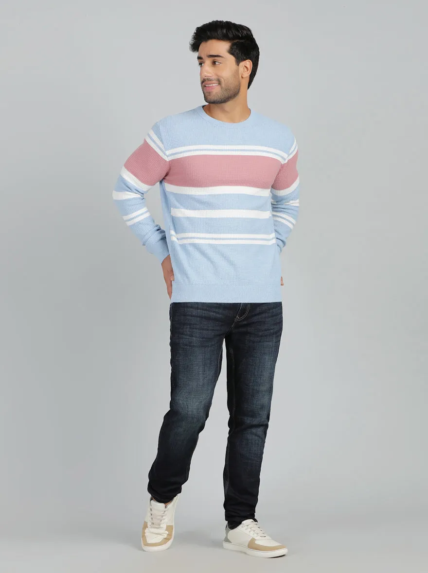 Sky Blue Striped Slim Fit Winter T-Shirt | JadeBlue