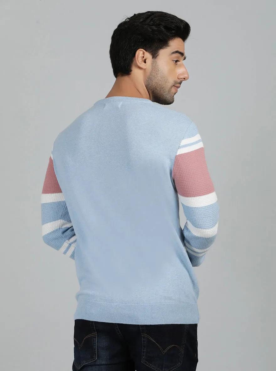 Sky Blue Striped Slim Fit Winter T-Shirt | JadeBlue