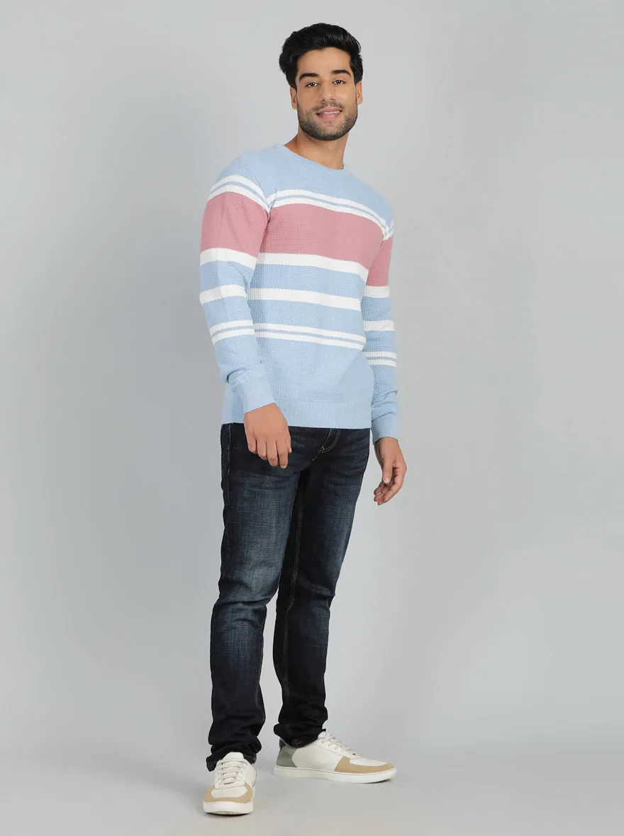 Sky Blue Striped Slim Fit Winter T-Shirt | JadeBlue