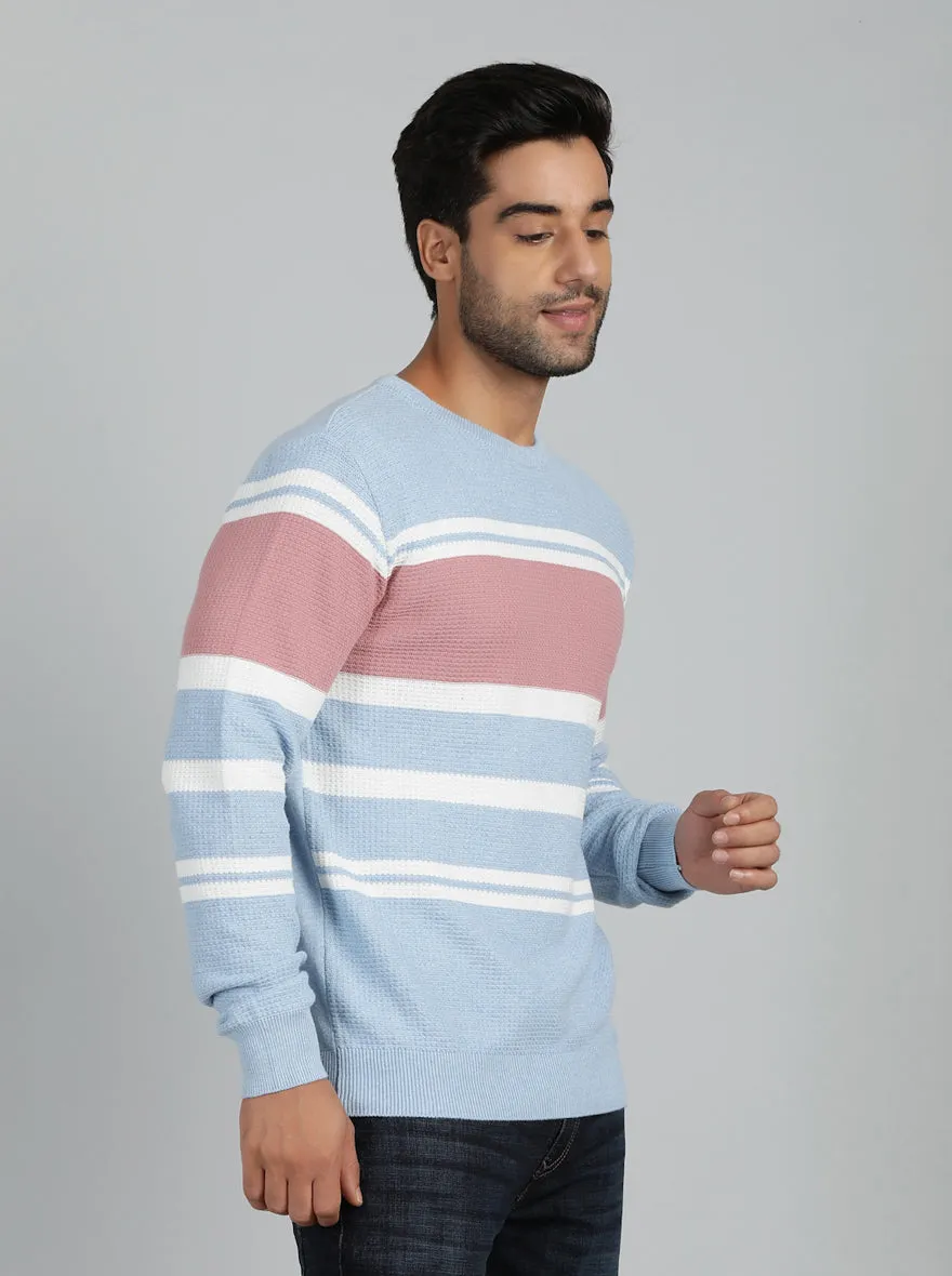 Sky Blue Striped Slim Fit Winter T-Shirt | JadeBlue