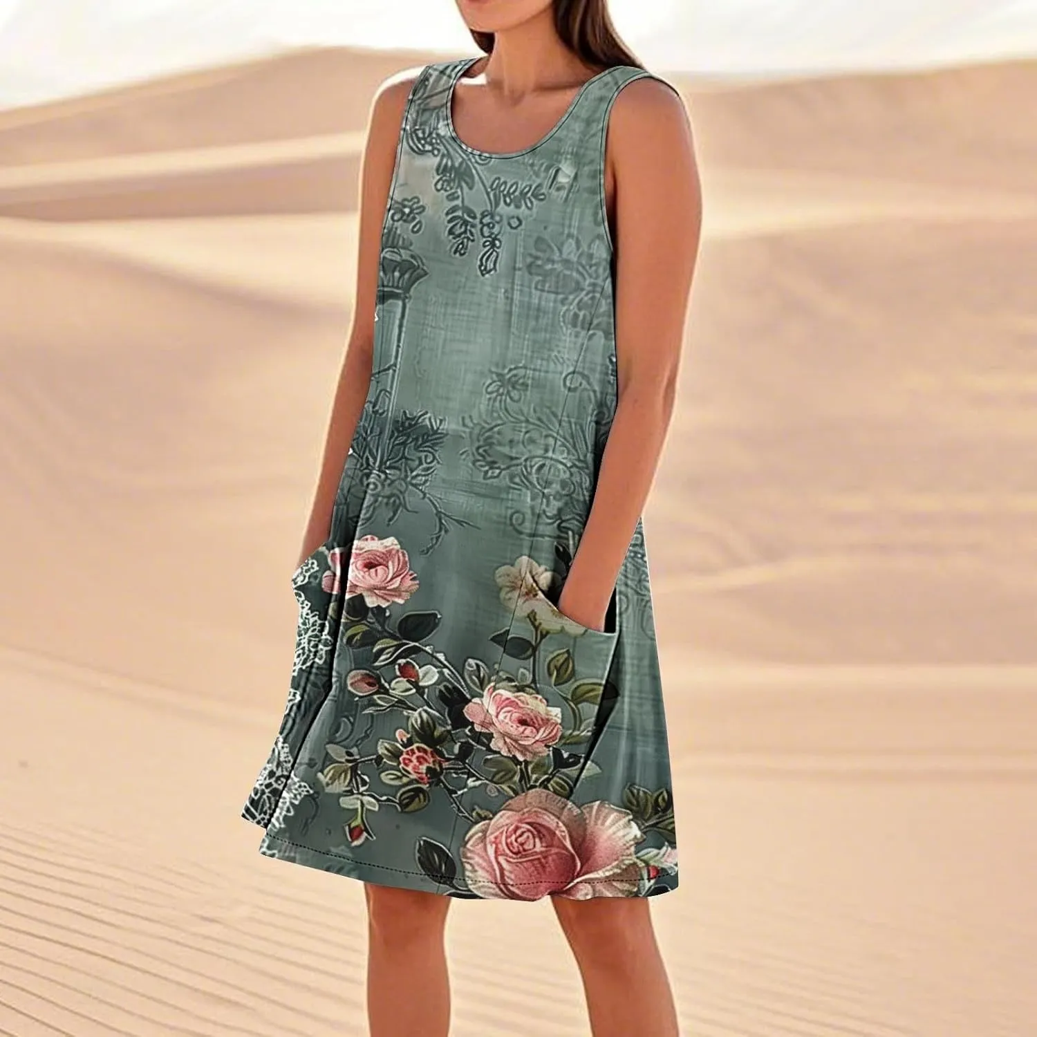 Sundresses for Women 2025 Crew Neck Sleeveless Cotton Linen Mini Dress Cute Floral Printed Tank Dress with Pockets