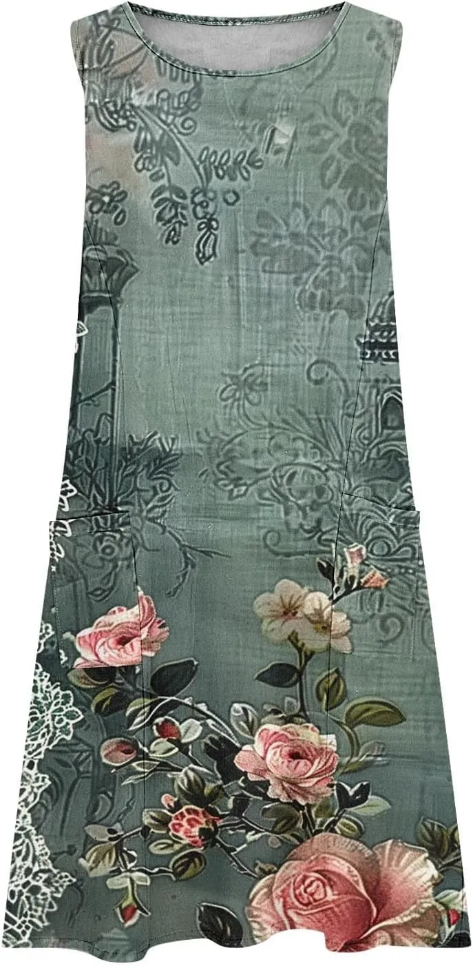 Sundresses for Women 2025 Crew Neck Sleeveless Cotton Linen Mini Dress Cute Floral Printed Tank Dress with Pockets