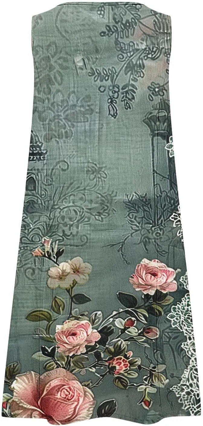 Sundresses for Women 2025 Crew Neck Sleeveless Cotton Linen Mini Dress Cute Floral Printed Tank Dress with Pockets