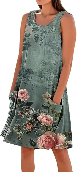 Sundresses for Women 2025 Crew Neck Sleeveless Cotton Linen Mini Dress Cute Floral Printed Tank Dress with Pockets