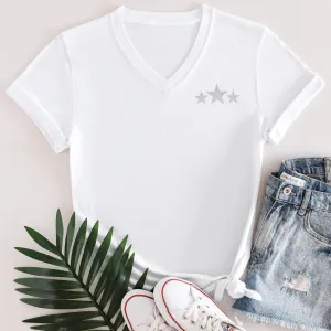 Triple Silver Stars White V-Neck T-Shirt