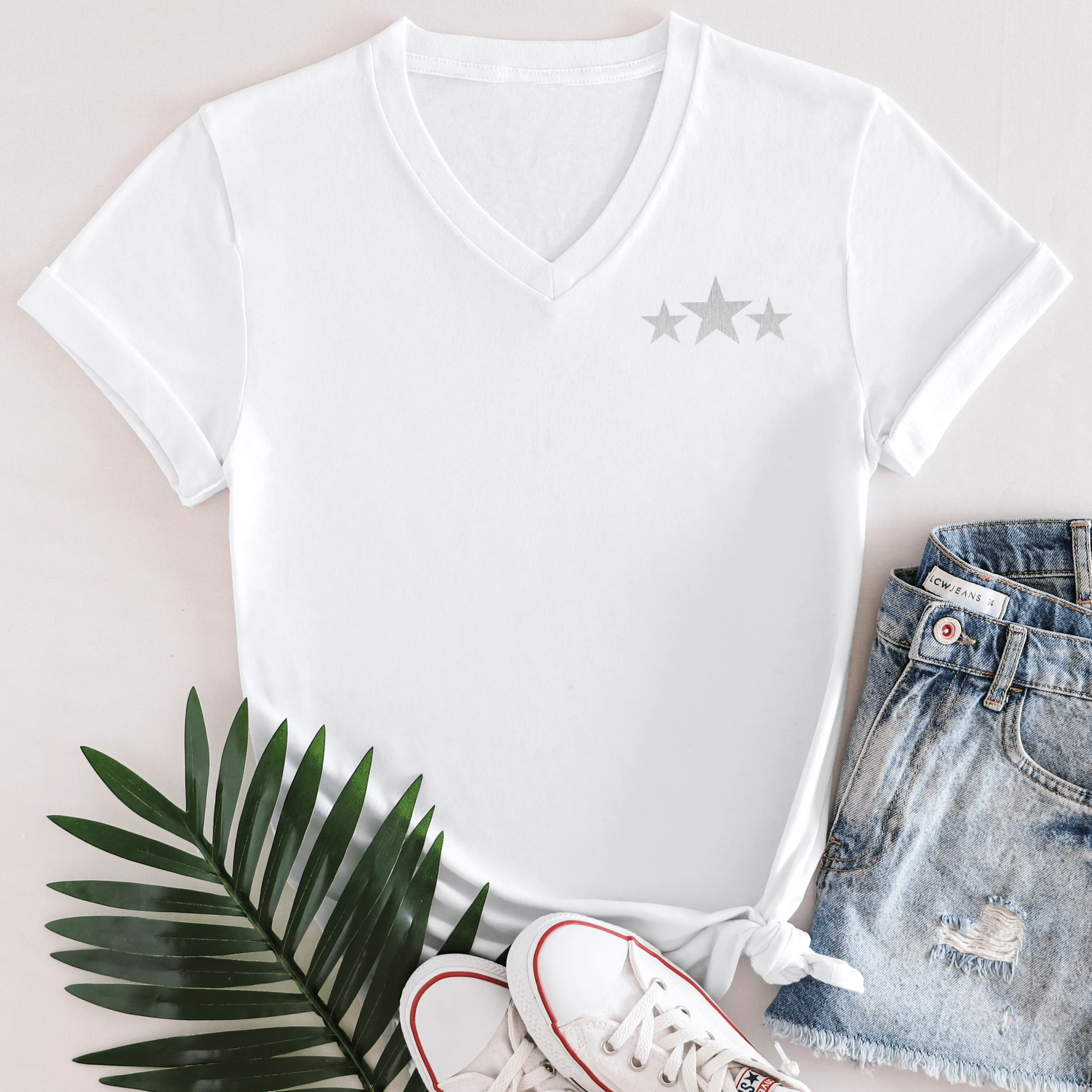 Triple Silver Stars White V-Neck T-Shirt