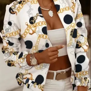 White Casual Printed Zipper Jacket Women's Elegant Light Coat