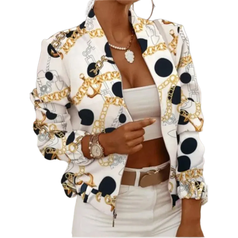 White Casual Printed Zipper Jacket Women's Elegant Light Coat