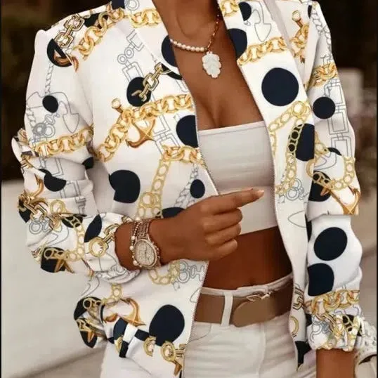 White Casual Printed Zipper Jacket Women's Elegant Light Coat
