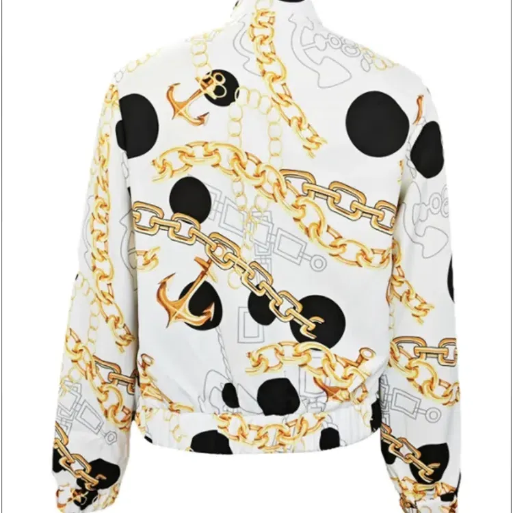 White Casual Printed Zipper Jacket Women's Elegant Light Coat