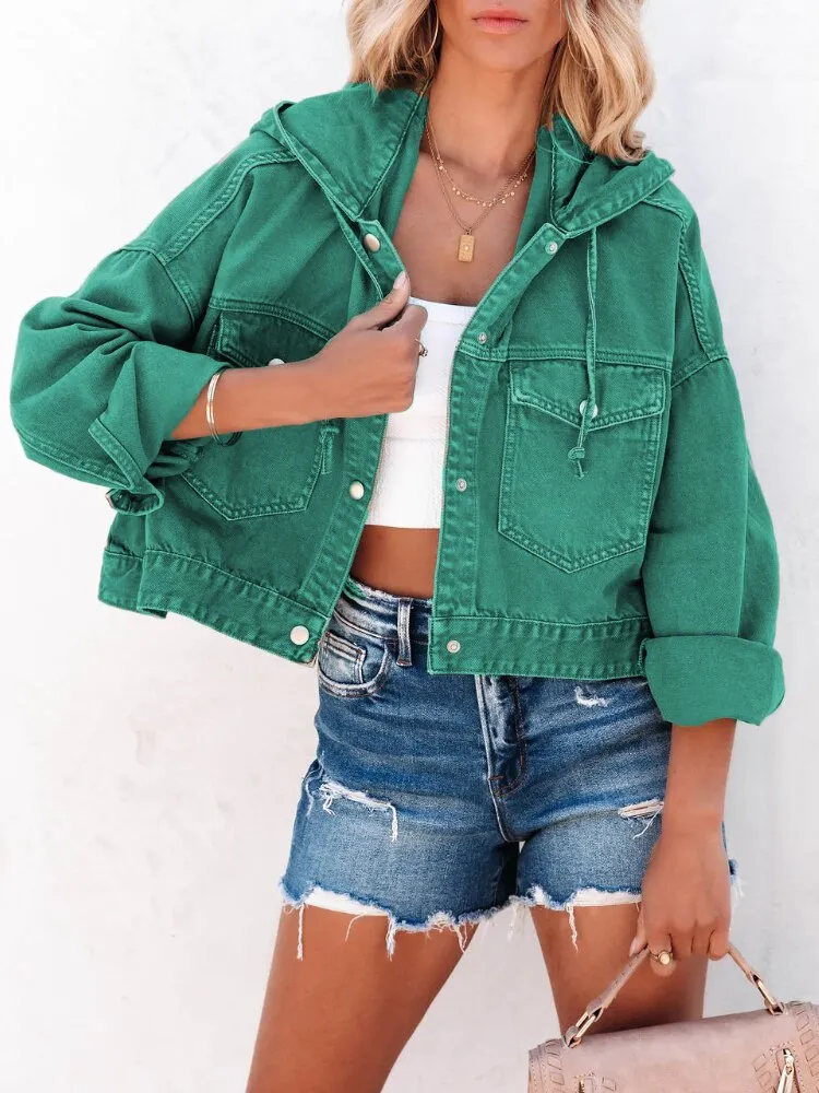 Women's Denim Jacket 2023 Autumn New Drawstring Hooded Loose Women's Coats Streetwear Tops Female Coat Winter Woman Clothing